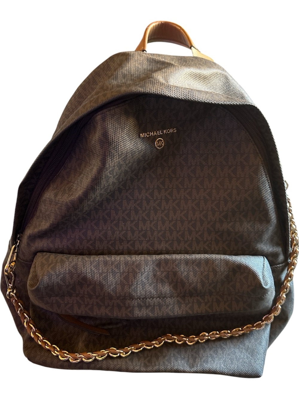 Michael Kors Brown Monogram Backpack with Gold Chain Detail - Picture 1 of 8
